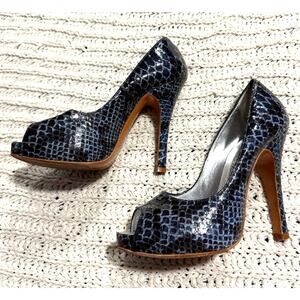 Luciano Padovan Heels Peep Toe Reptile Snake Print Women 37.5 Leather Italy Blue